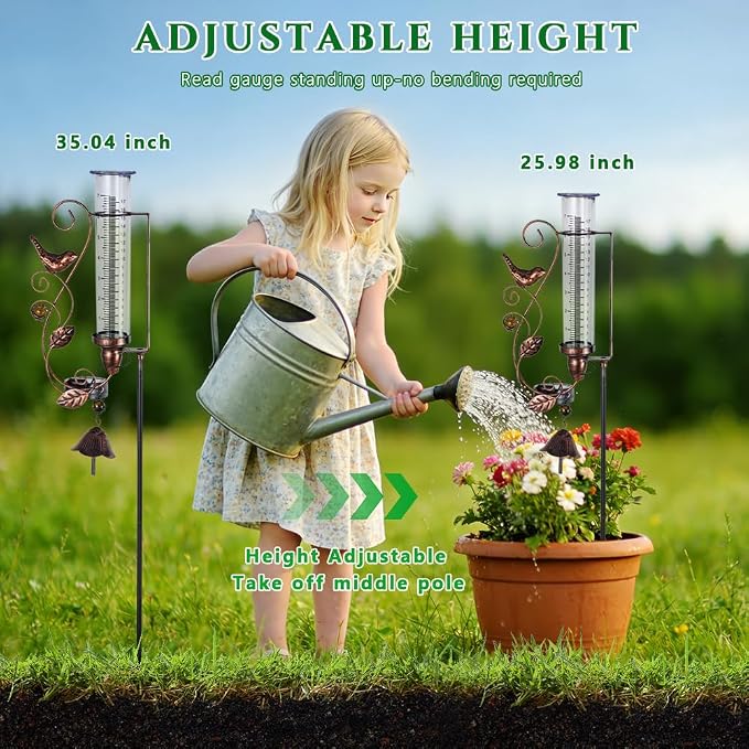 Rain Gauge Outdoor, Solar Rain Gauges with 7" Plastic Tube, Hummingbird Metal Rain Gauge with Decorative Bell for Garden Yard Lawn Decor