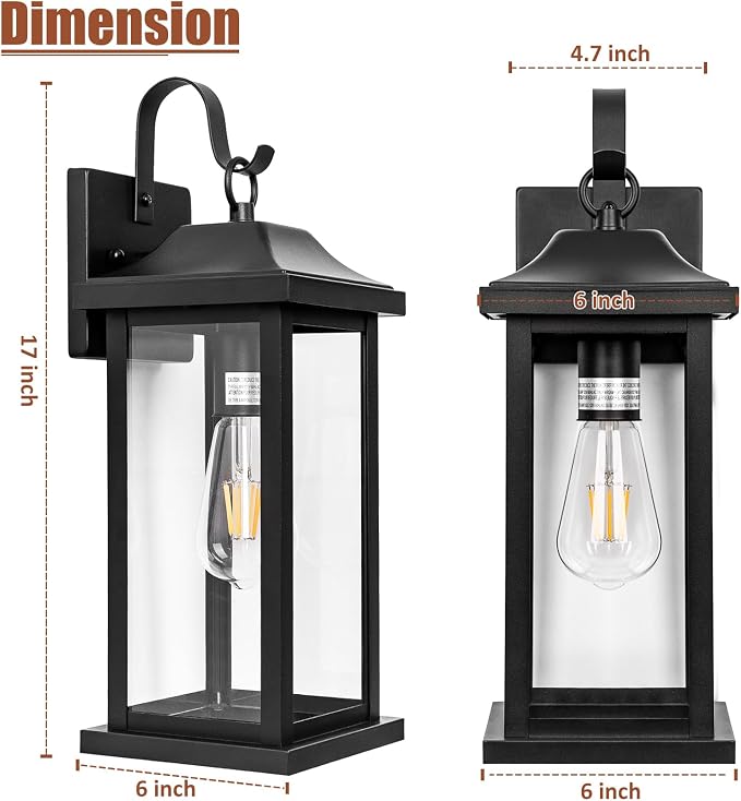 2-Pack Large Outdoor Light Fixtures IP65 Waterproof, Exterior Matte Black Sconces Wall Lighting Anti-Rust Porch Lights Outdoor with Clear Glass 17” Outside Modern Wall Lanterns for House