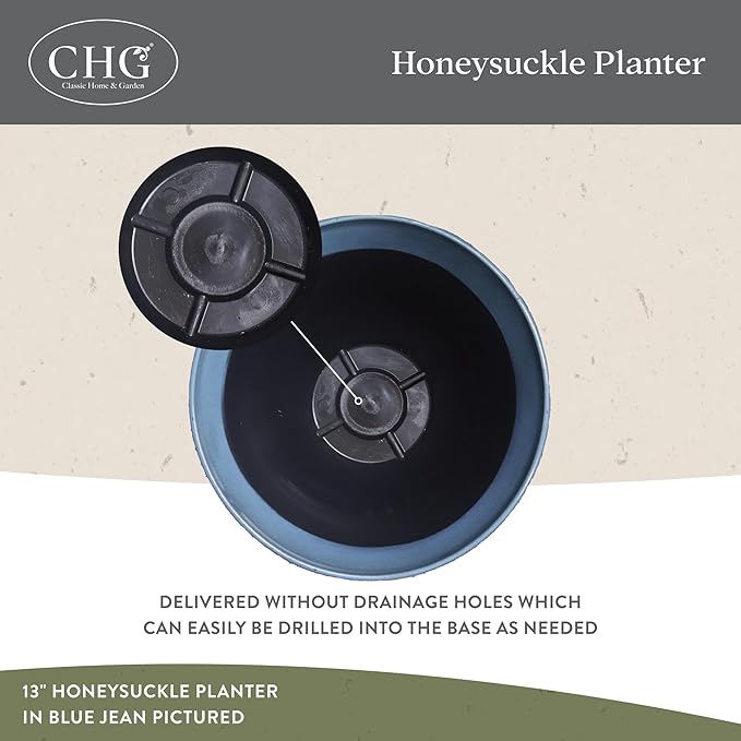 Classic Home and Garden by Growscape Honeysuckle Resin Planters - Lightweight Indoor & Outdoor Plant Pots - UV-Resistant Plastic Flower Pots - Pot Planters for Flowers & Herbs (13", Blue Jean)