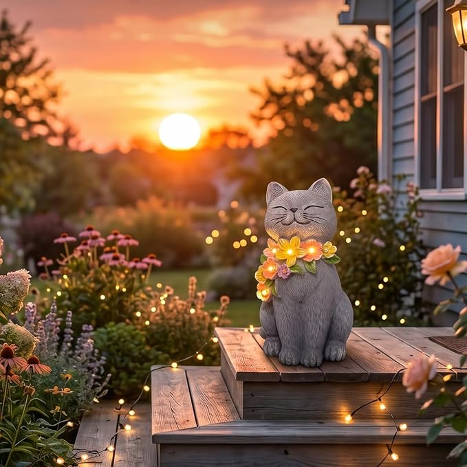 Solar Cat Garden Statue for Outdoor Decor, Cat Solar Light with Flowers, Resin Cats Figurine for Garden, Yard, Lawn Decor, Cats Lover Gifts for Women