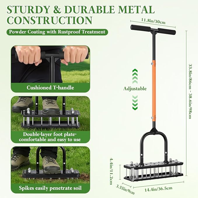 Lawn Aerator, 21 Pre-Assembled Metal Spikes, Automatic Dirt & Leaves Clean, Ergonomic Design, Soil Lawn Aerating Tools for Yard Lawn and Garden, Lawn Aerator Spikes aerating Tool
