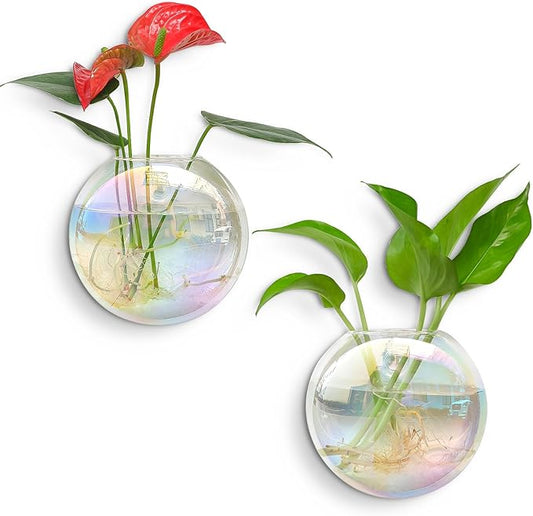 Kingbuy Wall Hanging Glass Planters Propagation Station - 2 Pack Iridescent Oblate Globe Flower Vases for Air Plants, Glass Terrariums with Floating Holders, Boho Indoor Hydroponic Home Office Decor