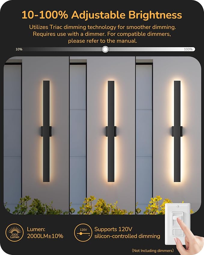 EDISHINE 2 Pack Modern Outdoor Wall Lights Dimmable, 39.3" Linear Led Exterior Wall Light, 3CCT, Iron & PC, IP65 Waterproof, Long Exterior Lighting Fixtures for Front Door, Stair, Black