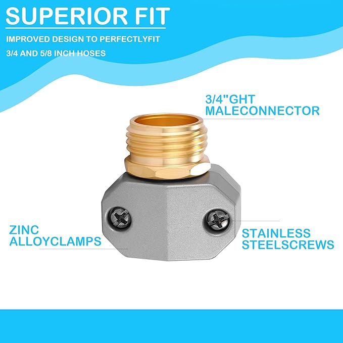 Hourleey Garden Hose Repair Fittings, Aluminum Male Coupling Menders with Zinc Clamps, Water Hose End Repair Connector for 3/4 Inch and 5/8 Inch, 2 Pack