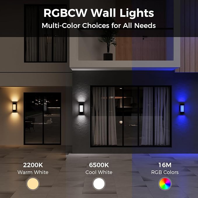 XMCOSY+ Outdoor Wall Lights, 2100LM Smart LED Porch Lights Outdoor, RGBCW Exterior Lighting Sconce, Wi-Fi Control, Compatible with Alexa, IP65 Waterproof, 2 Pack