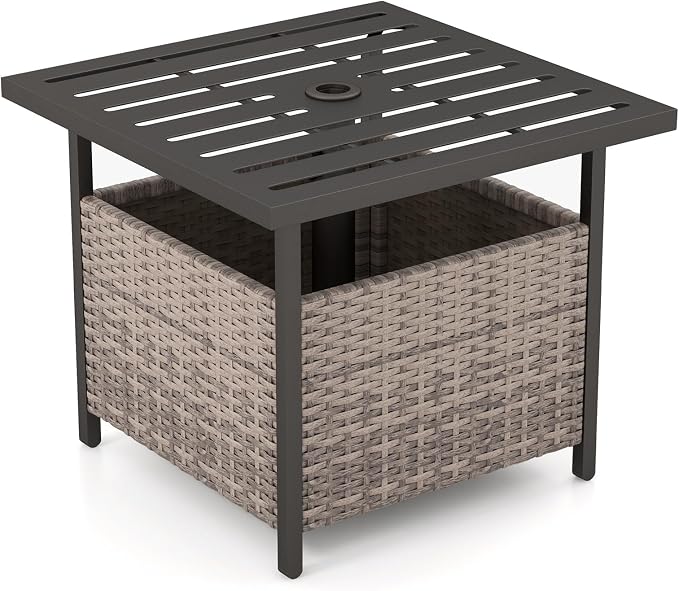 Tangkula Outdoor Table with Umbrella Hole, Rattan Umbrella Stand Table, Wicker Outside Side Table with Steel Metal Frame, Patio Bistro Table for Deck Garden Pool Yard, 22 x 22 x 18.5 Inch (Grey)