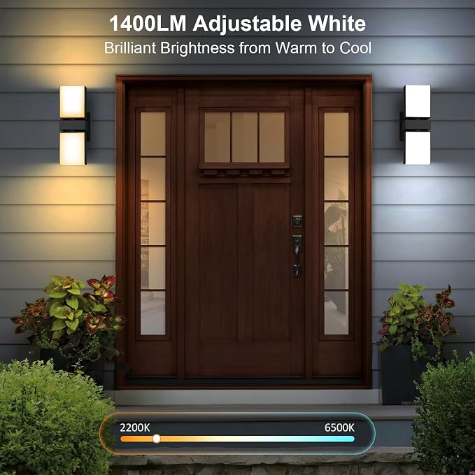 XMCOSY+ Outdoor Wall Lights, 1400LM RGBCW Smart Porch Lights Outdoor with 32 Scene Modes, 350° Adjustable Dual-Head Wall Sconce, IP65 Waterproof, Compatible with Alexa and Google Assistant, 2 Pack