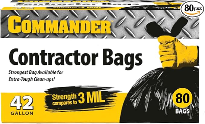 Commander 42 Gallon 3 MIL (eq) Heavy Duty Contractor Bags with Flap Ties - 32" x 46" - Pack of 80 - For Contractor, Industrial, & Outdoor