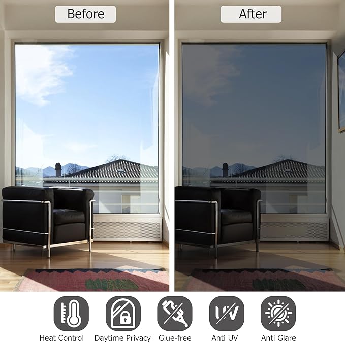 HIDBEA One Way Window Film, Daytime Privacy Sun Blocking Reflective Window Film No Glue Static Cling Heat Control Window Tinting Film for Home and Office, Black Silver, 55.1 x 78.7 Inch
