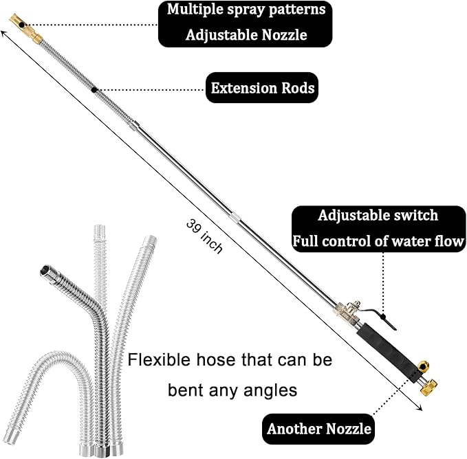 Hbaushun High Pressure Power Washer Wand, Hydro Jet Water Wand Pressure Sprayer,Flexible Garden Watering with 3 Nozzle Universal Hose End,for Car Pet Window Patio Gutter Cleaning Black
