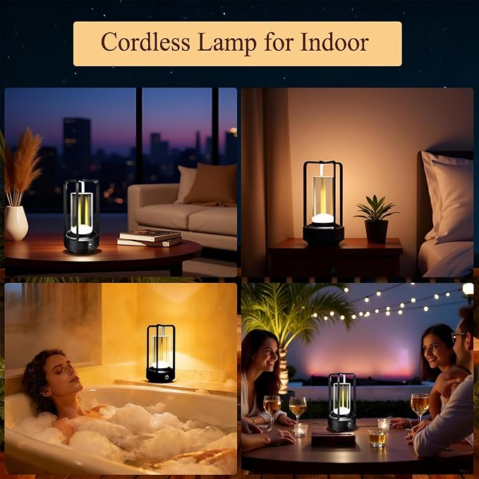 Set of 2 Cordless Table Lamps, LED Rechargeable Table Lamp with 3 Color Stepless Dimmable, Indoor/ Outdoor Table lamp for Patio/ Camping/ Bar/ Coffee/ Restaurant/ Home (Black 2 Pcs)