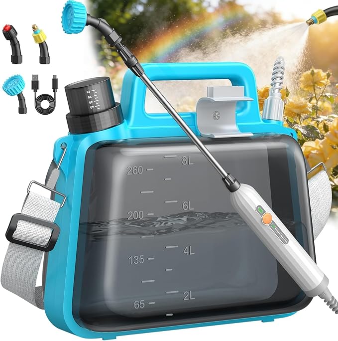 Battery Powered Garden Sprayer 2 Gallon, Electric Pump Sprayer with 3 Mist Nozzles, Rechargeable Handle, Telescopic Wand, Adjustable Strap, Water Spray Weed Sprayer for Lawn, Garden, Yard, Plants
