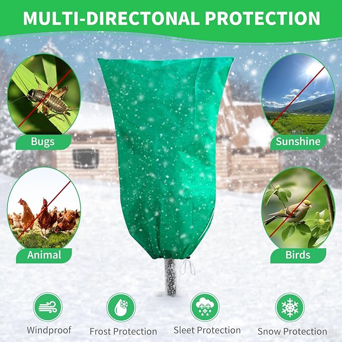 Phopich 4 Pack Plant Covers Freeze Protection, 32''W x 48''H 2.5oz/yd² Winter Tree Frost Blankets Frost Cloths Protectors Bag Cover with Zipper Drawstring for Outdoor Plants Shrub Fruit Trees Potted