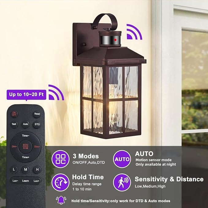 Porch Lights Outdoor with Remote Control: 2 Pack Motion Sensor Exterior Lighting Fixtures Intelligent 4 Lighting Modes Outdoor Wall Lights Sconce Lights for House Patio Front Door Garage