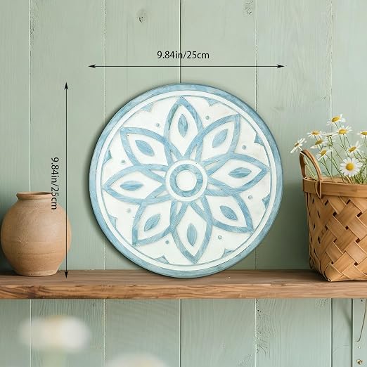 2 Pack Geometric Stepping Stones, 10” Round Cement Garden Path Stones, Mandala Mosaic Tile Design for Outdoor Patio Decor, Non-Slip & Weather-Resistant (Blue)