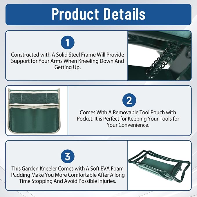 WFLNHB Garden Kneeler and Seat Stool Bench Foldable Kneeler Portable Garden Folding Stool with Tool Pouch and Soft Kneeling Pad