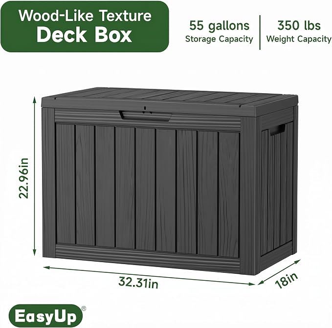EasyUp 55 Gallon Deck Boxes Outdoor Waterproof, Resin Outside Storage Box for Patio Cushion Furniture Pool Accessories Garden Tools Indoor Outdoor Storage Bench (55 Gallon, Black)
