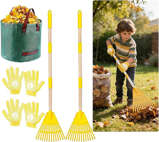 2 Pack Kids Adjustable Leaf Rake Set – 28" to 34" with Detachable Wooden Handles, Lightweight Plastic Head, Designed for Kids, Includes 2 Pairs of Gloves & Leaf Bag (Yellow)