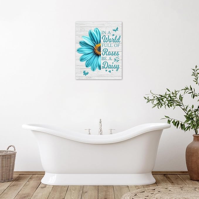 LB Teal Daisy Floral Canvas Wall Art Farmhouse Flower Funny Inspirational Quote Framed Art Prints Rustic Butterfly Wall Decor for Bedroom Living Room Bathroom Kitchen Home Office,20Lx16W inch