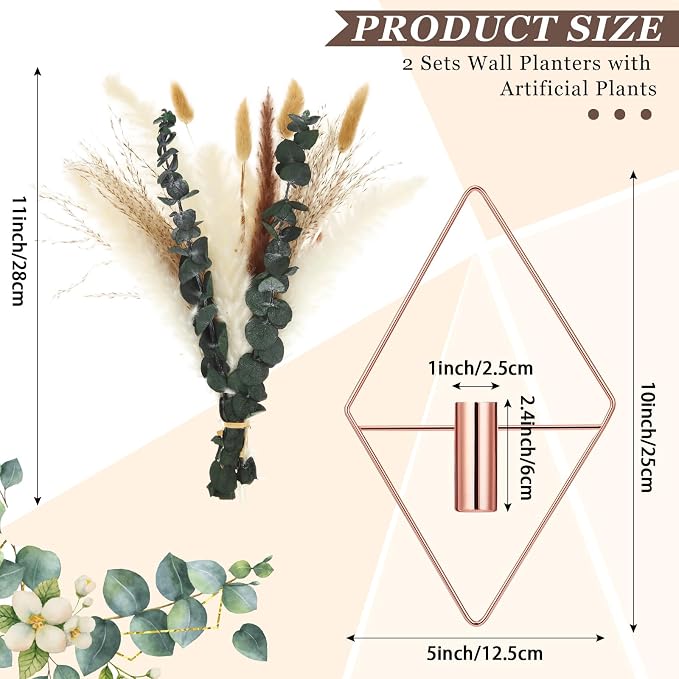 Canlierr 4 Pcs Rose Gold Wall Decor Hanging Planters with Artificial Plants Eucalyptus Pampas Grass Metal Hanging Vase Indoor Plants Holder Modern Boho Wall Art for Bathroom Bedroom Living Room Decor