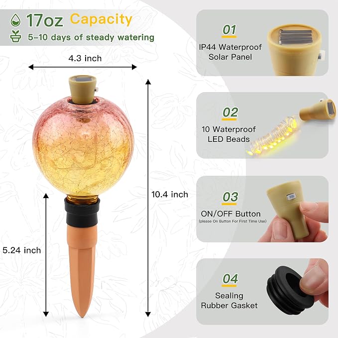 SAVENNA Crackle Glass Plant Watering Globe with Terracotta Spike,Self-Watering Irrigation for Potted Plants, with Solar Accent Light for Indoor & Outdoor Décor, 17oz, Yellow–Pink Gradient