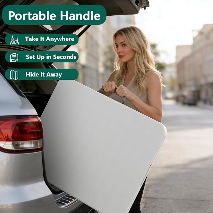 2 Pack Folding Table 6ft - Heavy Duty Plastic Table with Handle, Foldable & Portable, Fold-in-Half Utility Tables for Outdoor, Dining, Wedding, Events, Indoor, Picnic, Camping, Party(White)