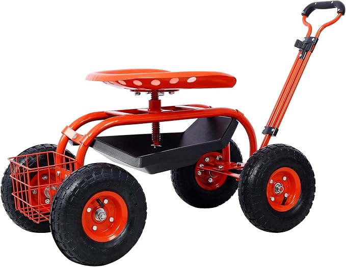 Rolling Garden Cart, 360 Swivel Gardening Seat with Wheels, Tool Basket, Adjustable Height, Outdoor Garden Workseat, Gardening Stool Scooter for Sitting (Red)