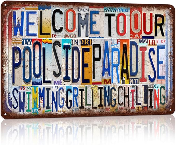 Vintage Welcome To Our Poolside Paradise Wall Decor Metal Sign Tin Signs - Swimming Grilling Chilling