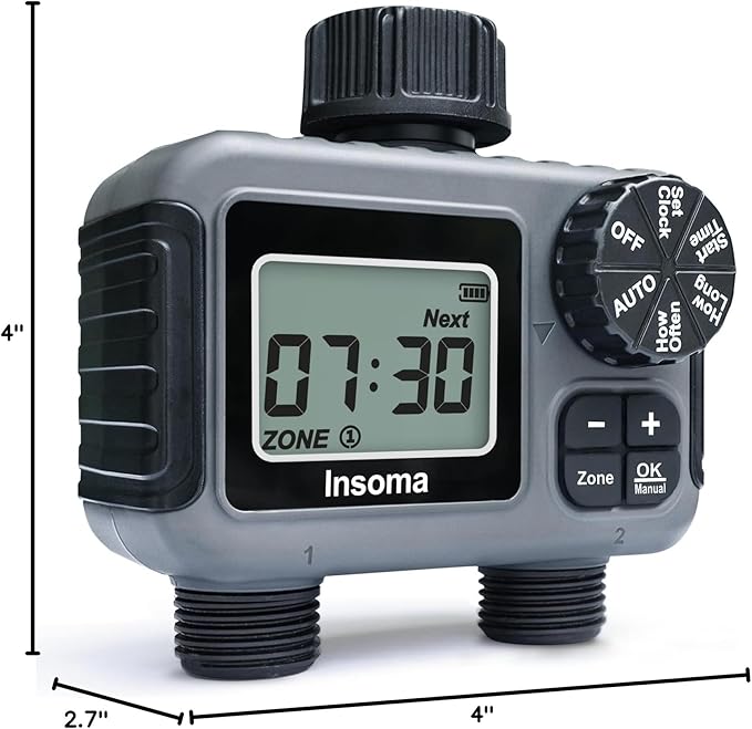 Insoma 2-Zone Sprinkler Timer, Programmable Garden Hose Timer with Auto/Manual/Rain Delay Modes | Water-Saving Irrigation Controller for Lawn, Yard & Drip Systems | Waterproof Design & Easy Setup