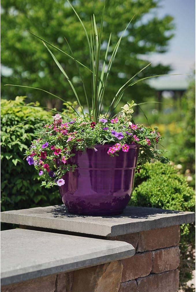 Garden Elements Indoor/Outdoor Glazed Brushed Happy Plastic Planter, Large, Dark Purple, 15"