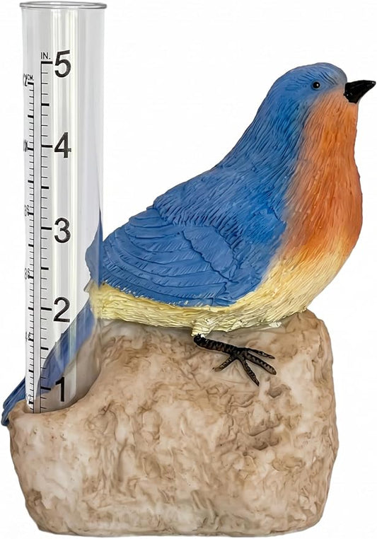 Gift Essentials Bluebird Decorative Rain Gauge Outdoor - Resin Bird Figurine on Rock Base - Removable Tube Measures Up to 5 Inches of Rainfall - Garden Decor Gift