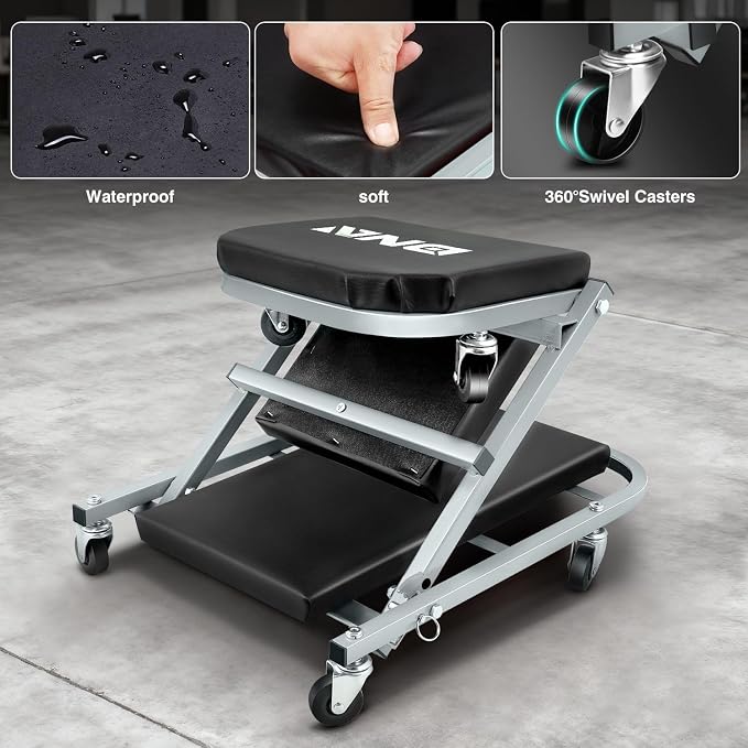 ‎DNA MOTORING TOOLS-00187 40 Inches 2 IN 1 Rolling Folding Car Creeper/Seat, 6 Pcs 2" Casters, 150kg Weight Capacity, Gray