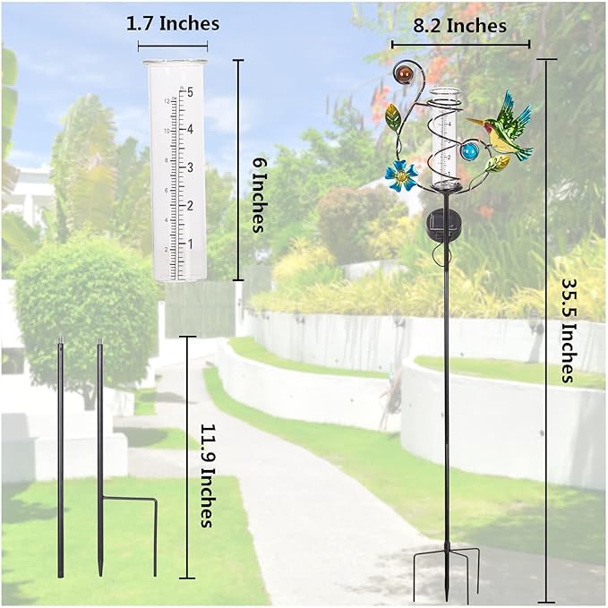 35'' Hummingbird Rain Gauge Outdoor - Solar Rain Gauges with LED Light for Yards, Lawns, Pathway, Patio (Colorful)