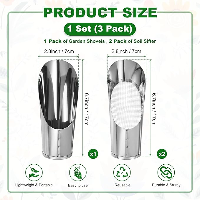 M METERXITY 1-Set Bonsai Soil Scoops, 2.8inch/7.2cm Stainless Steel Garden Soil Scoop Bucket Shovels and Soil Sifter for Transplanting/Flower Planting, Small Gardening Tool [Silver Tone]