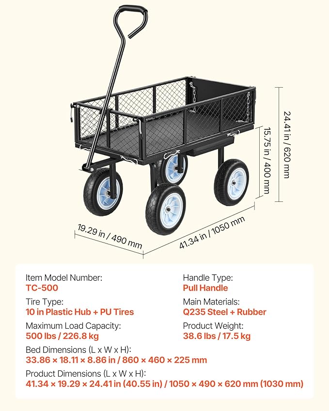 VEVOR 500 LBS Steel Garden Cart with Work Seat, Heavy Duty Garden Wagon Cart on Wheels, Outdoor Metal Utility Yard Wagon Gardening Stool with 10inch Flat Free Tires, Tool Tray & Adjustable Handle