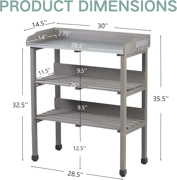 Potting Bench Table, All-Weather Garden Table Work Station, Wood Outdoor Potting Table for Garden, Yard, Balcony, Easy Assembly (Grey)