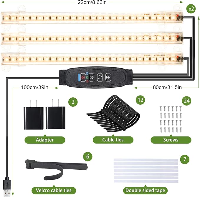 8.6'' LED Grow Light Strips, Full Spectrum 3500K Grow Lights for Indoor Plants, 3 Head with 3/9/12H Timer, 10 Dimmable Levels, Suitable for Seedling, Succulent, Plant Shelf and Greenhouse, 2-Pack