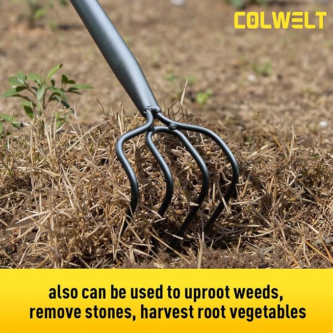 Colwelt 4 Tines Garden Cultivator Rake 59'', Hand Tiller Garden Tool with Sharp Forged Steel Head, 4 Tine Cultivators for Gardening with Long Handle, 4 Prong Rake for Digging Loosening Weeding