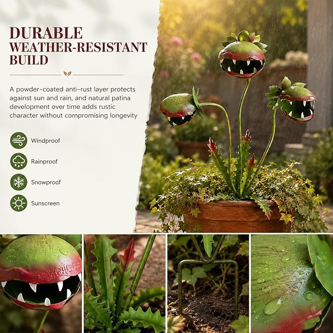 Whimsical Metal Carnivorous Plant Garden Stake, 25-inch Large Venus Flytrap Monster Plant Sculpture, Fun Outdoor Decorative Art Pieces for Lawns, Flower Pots, Flower Beds, Patios