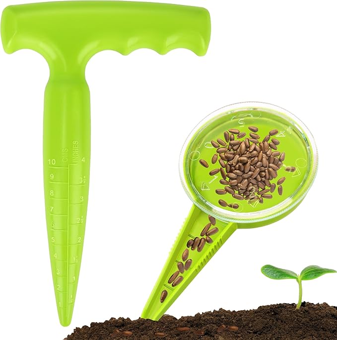 Seed Planter Tool, T-Handle Seed Dibber with Scale, Seed Spreader Tool with 5 Adjustable Holes, Dibbler Gardening Tool for Trays, Raised Bed, Balcony Garden (Light Green 2PCS)