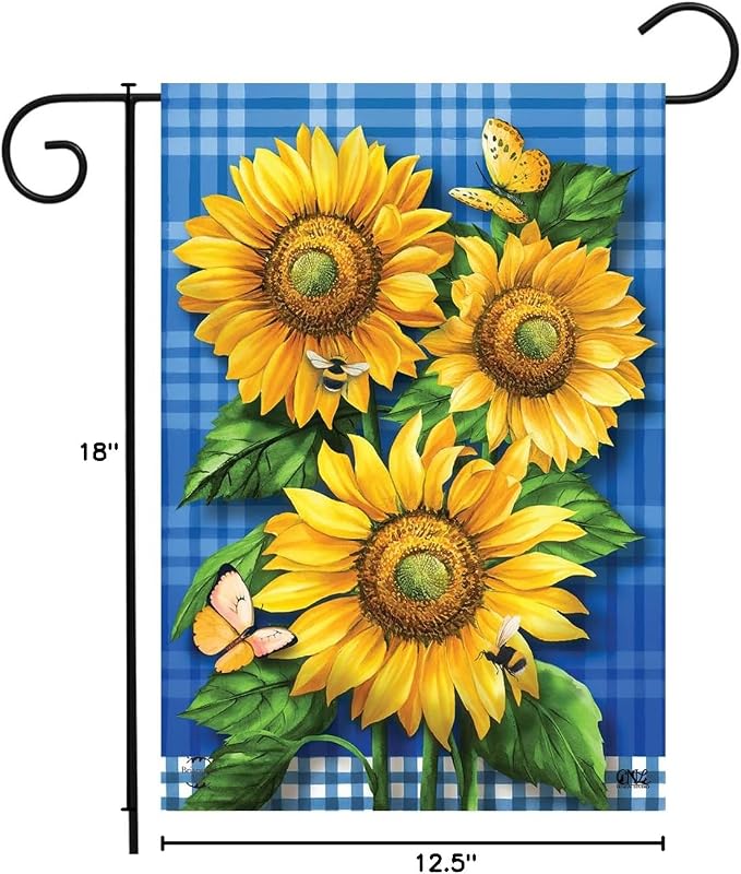 Briarwood Lane Blue Sunflowers Summer Garden Flag Plaid Floral 12.5" x 18"