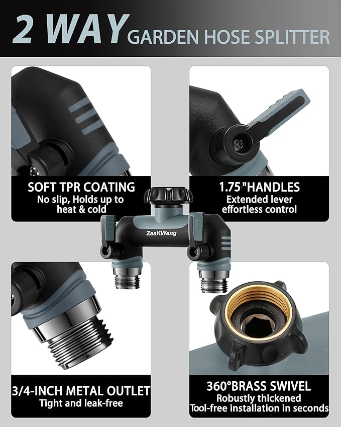 Garden Hose Splitter 2 Way, Heavy Duty Water Hose Spigot Bib Splitter, Outdoor Faucet Splitter with Shutoff Valve, T Adapter Connector with 3/4 - Inch GHT Thread (Grey)