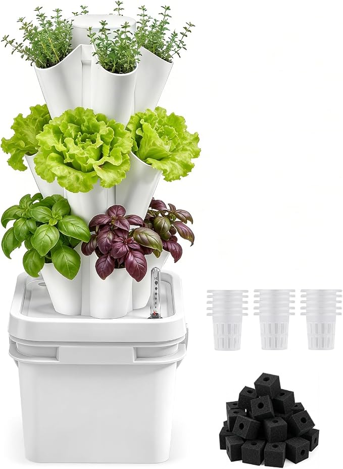 BAOSHISHAN 18 Pods 3 Tier Hydroponics Growing Tower for Kitchen Countertop | 3-Zone Planting for Vegetables Herbs, Silent Pump Auto Water Circulation, Beginner Starter Kit for Indoor Kitchen Countertop