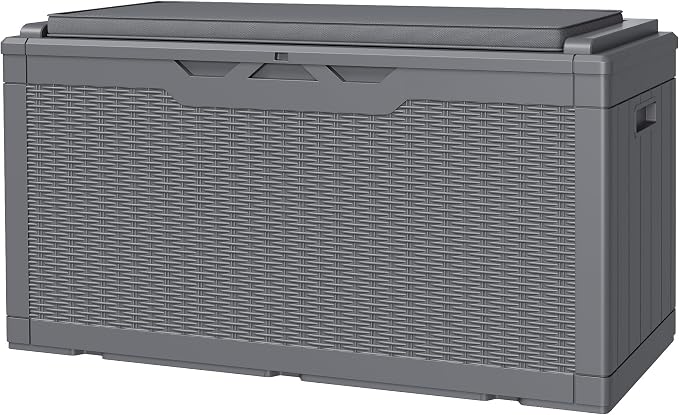 JUMMICO 100 Gallon Resin Deck Box with Cushion, Waterproof Outdoor Storage Box with Lockable Lid for Garden Tools, Patio Cushions (Gray)