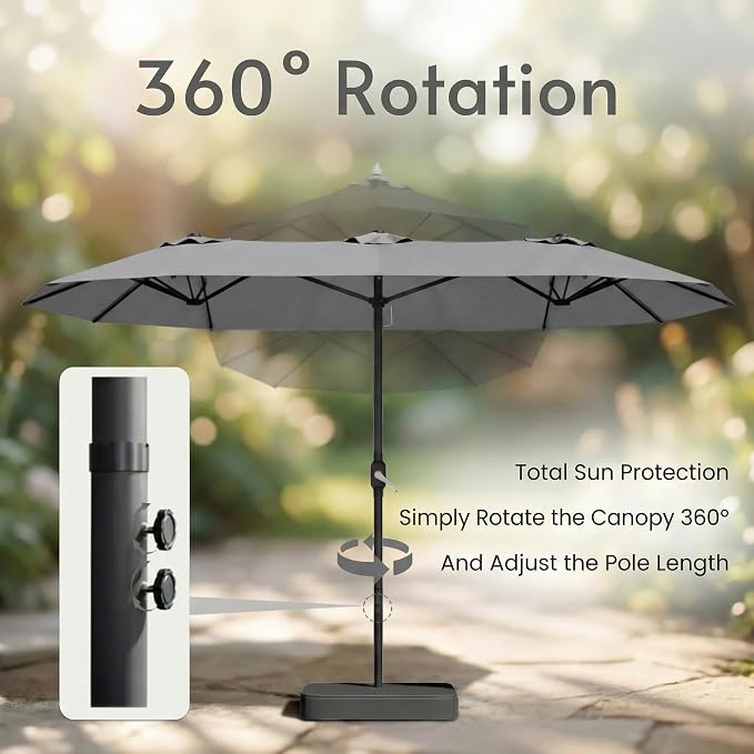 15ft Large Patio Umbrellas with Base Included, Outdoor Double-Sided Rectangle Market Umbrella with Stand, Outside Umbrellas for Poolside Lawn Backyard