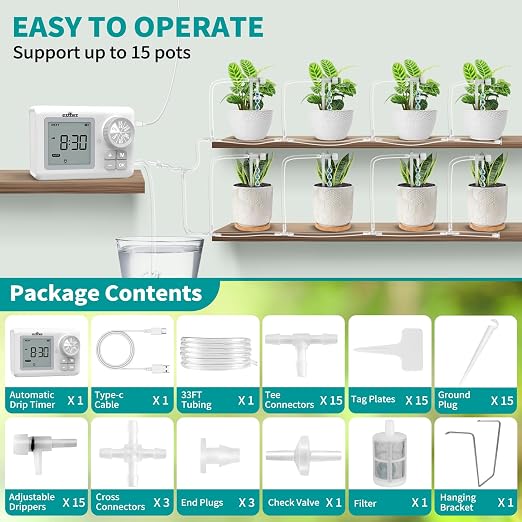 Automatic Watering System for 15 Potted Plants, Automatic DripIrrigation Kit with Adjustable Water Flow, Programmable Water Timer with Dual Power Supply, for Balcony/Garden/Greenhouse Plants
