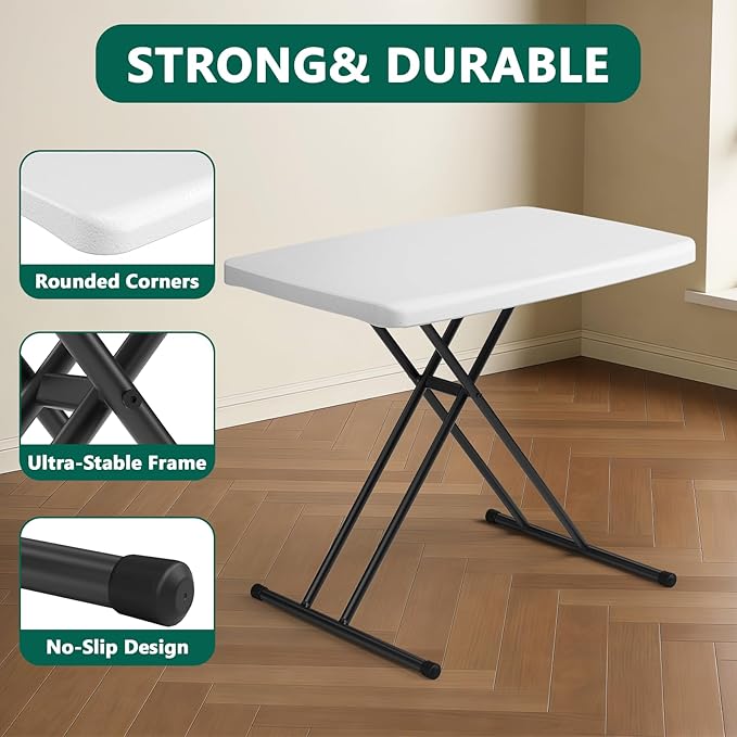 30 Inch Folding Table Set of 2, Adjustable Height TV Tray for Small Spaces, Heavy Duty Foldable Utility Table for Laptop, Dining, Camping, No Assembly, 200 lbs Capacity, White Granite