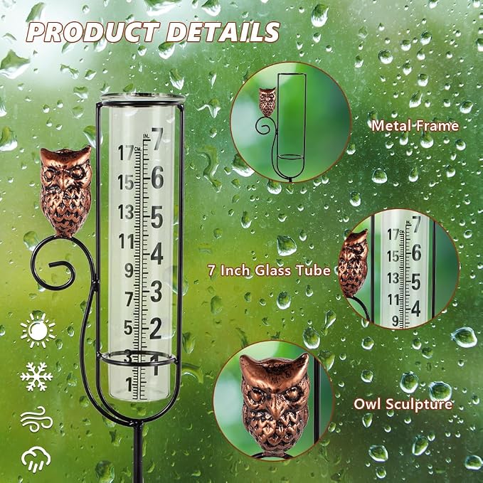 Owl Rain Gauges,Water Gauge for Rain with Metal Stake,7 Inch Freeze Proof Detachable Rain Gauge Outdoor Decorative for Measuring Precipitation