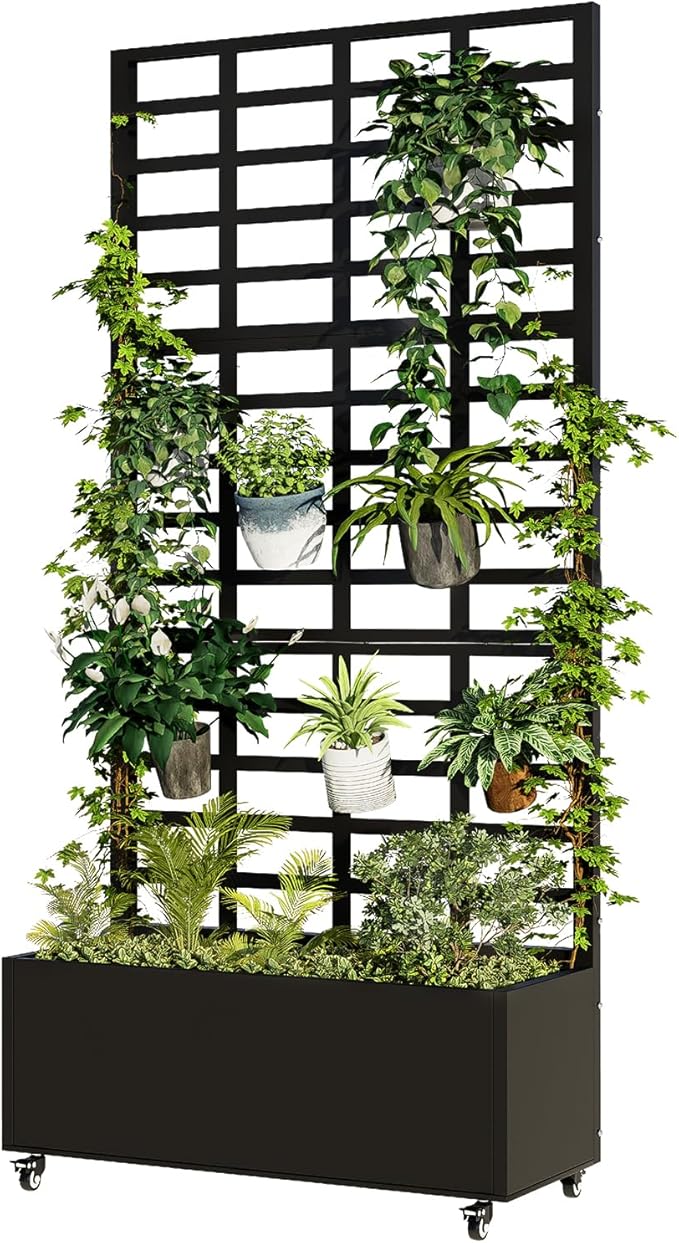 Metal Planter Box with Trellis for Climbing Plants, 74.8"x35.83"x15.16" Raised Garden Bed with Privacy Screen, Outdoor Planter with Drainage Holes, Black