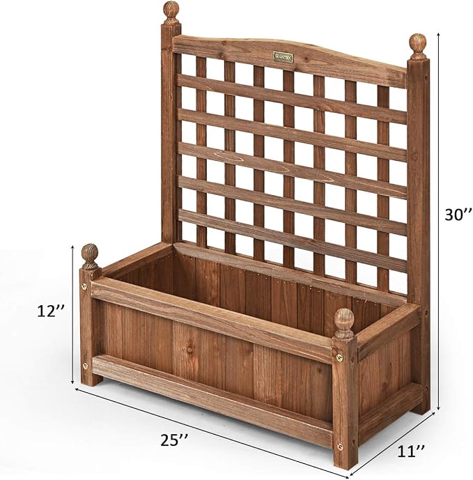 Giantex Wood Planter Free Standing Plant Raised Bed with Trellis for Garden or Yard (25’"Lx11 Wx30 H)